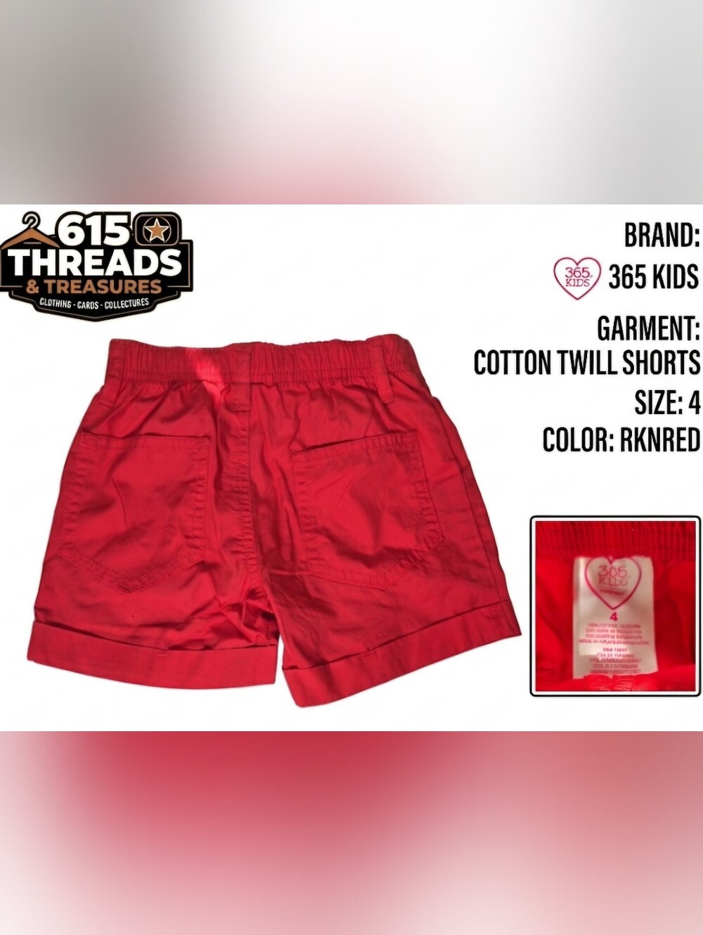 365 Kids Red Cotton Twill Shorts -‎ Size 4